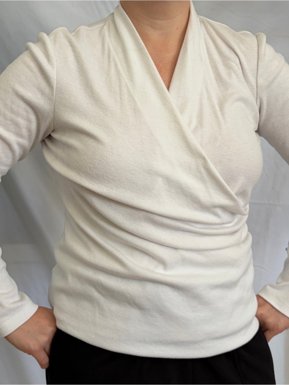 White Draped Surplice Long-Sleeve Top